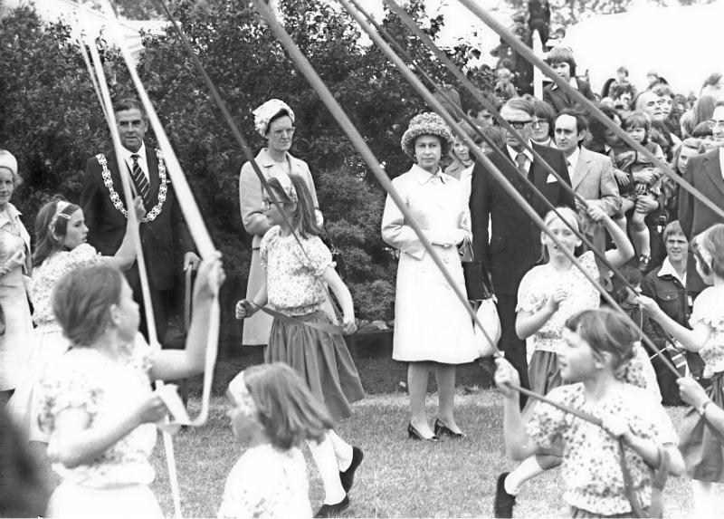 Jubilee Maypole Dancing at  Harrowgate 1977.jpg - The Queen's Silver Jubilee 1977. Long Preston children were invited to do the maypole Dance for the Queen at Harrogate Show Ground. They left the village at 8am for three days and danced a number of times each day.